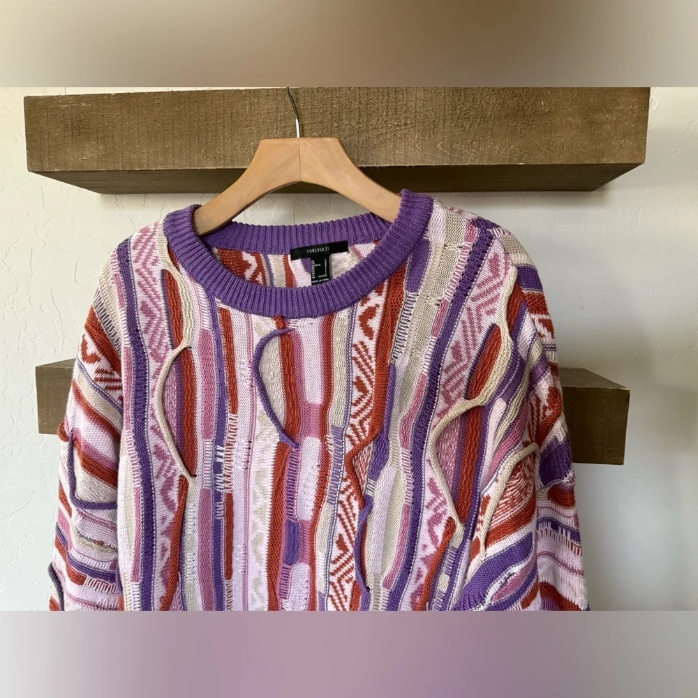 Forever 21|Vintage coogi style grandpa sweater,Colorful pastel & textured•LARGE